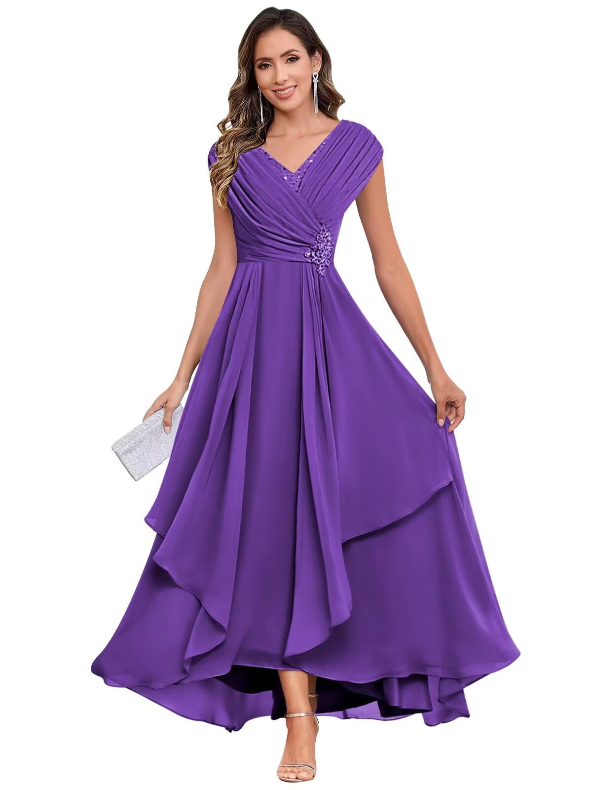 boisao Long Chiffon Mother of The Bride Dresses for Women Tea Length V Neck Pleated Formal Evening Dress