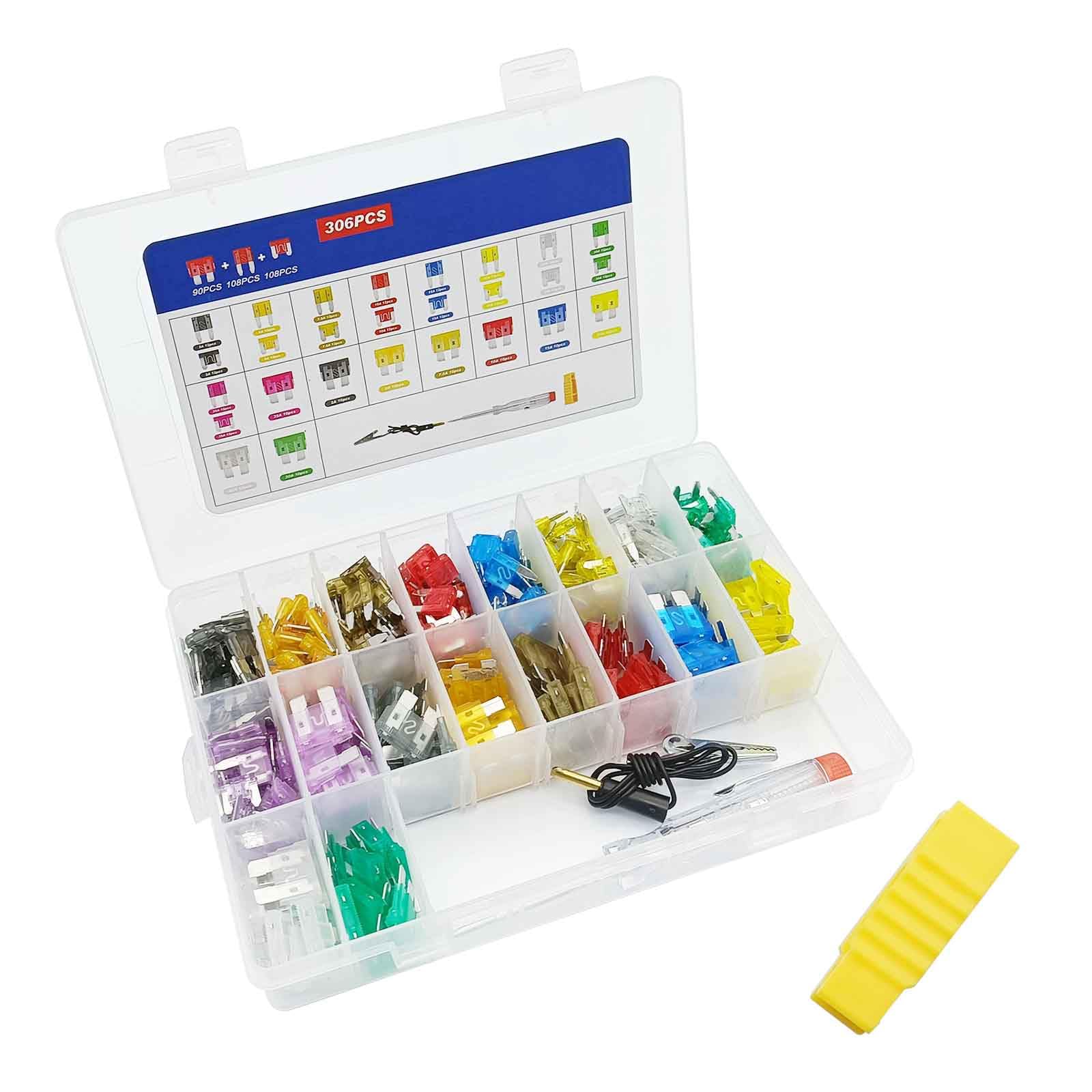 Kit assortito di 306 fusibili per auto, standard misti, mini e a basso profilo, fusibili a lama per veicoli, 2A, 5A, 7,5A, 10A, 15A, 20A, 25A, 30A, 35A, per camion, auto e SUV, barche