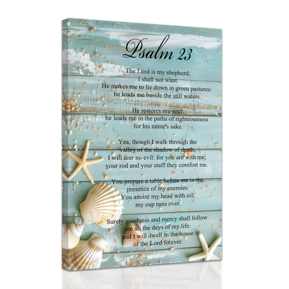 ZXHYWYM Christian Canvas Wall Art Psalm 23 Pictures Coastal Beach Wall Decor Scripture Bible Verses Prints Inspirational Poster for Home Framed (60 x 90 cms)