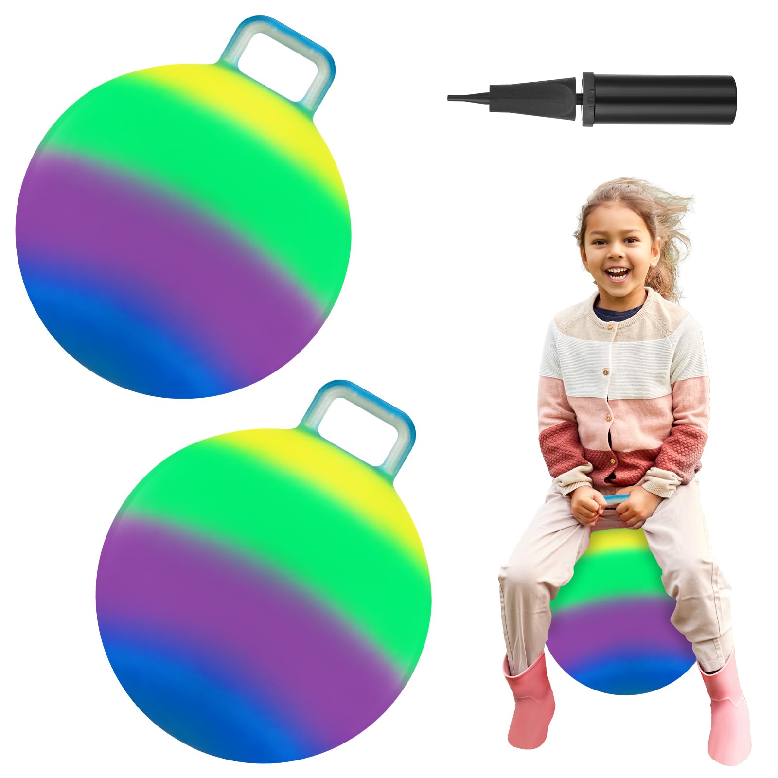 Poen2 Pcs Bouncing Ball with Handle, Hopper Jumping Hopping Ball with Air Pump for Kids Boys Girls Gifts Games(18 Inch,Colorful)