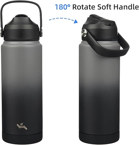Miniatura 6 de Botella de agua aislada con tapa con pajilla, botella de metal al vacío de acero inoxidable de 24 onzas con mango de silicona, gris y negro
