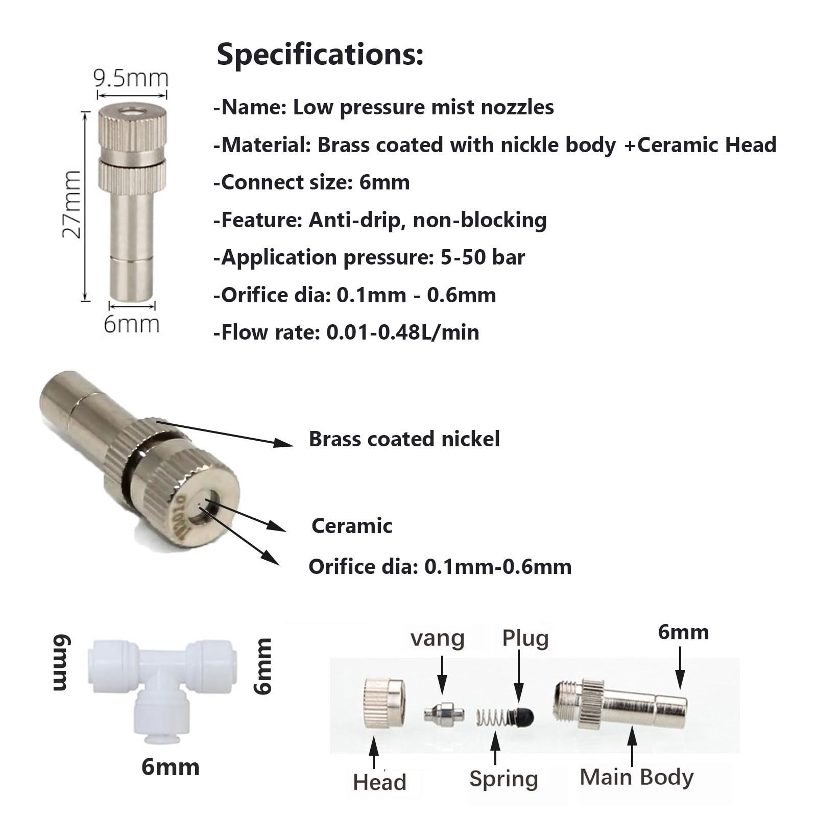 Boquillas de nebulización alta presión, boquilla, paquete 10, latón niquelado, 6 mm, orificio 0,1-0,5, conector rápido blanco 1/4 pulg(Orifice 0.5mm)