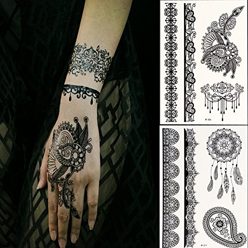 Generic Black Lace Temporary Tattoos for Adventurous Women, Teens & Girls - Henna Tattoos Sticker W306-311(Pack of 2 Sheets)