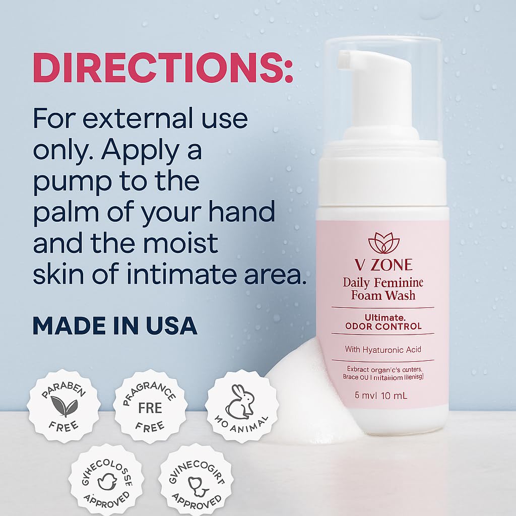 VZone Daily Feminine Foam Wash – Feminine Wash for Women with Hyaluronic Acid, Lactic Acid and Cranberry Extract – Odor Control, pH Balanced, Fragrance-Free, Paraben-Free, Vegan (3.4 OZ)