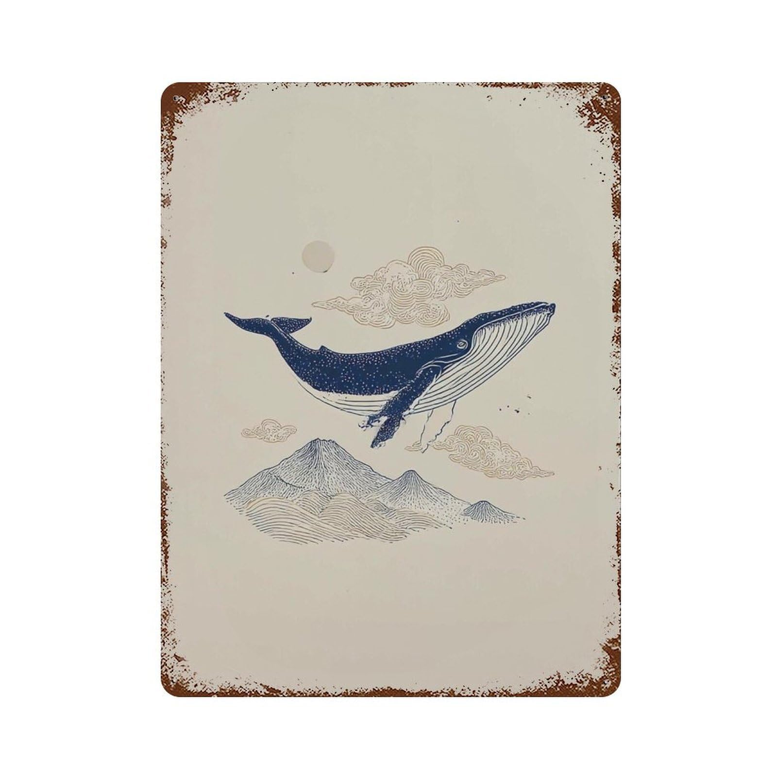 xiaoxiaoshen Flying Whale Dreamy Ocean Minimalist Blue Surreal Line Sea Wall Decor Art Metal Tin Poster Modern Home Decor Art Home Bar Shop Decorations Vintage Sign 40x30cm