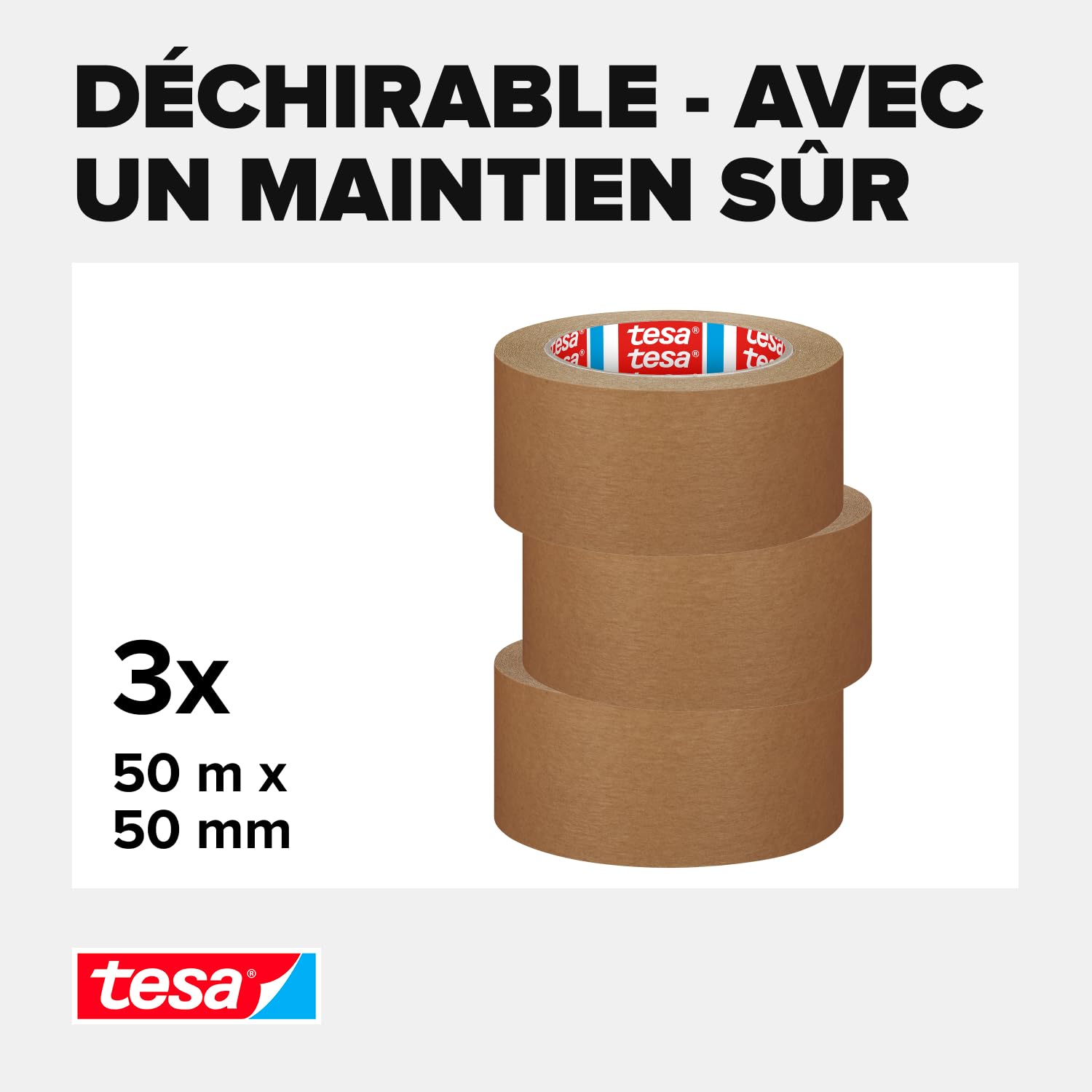 Tesa tesapack STANDARD PAPER Ruban d’emballage en papier Marron 3 rouleaux 50 m x 50 mm