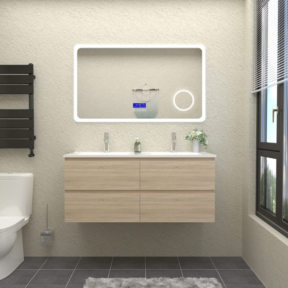 Meuble de Salle de Bain Double Vasque 120 cm + Casier Couleur chêne（Quatre tiroirs）