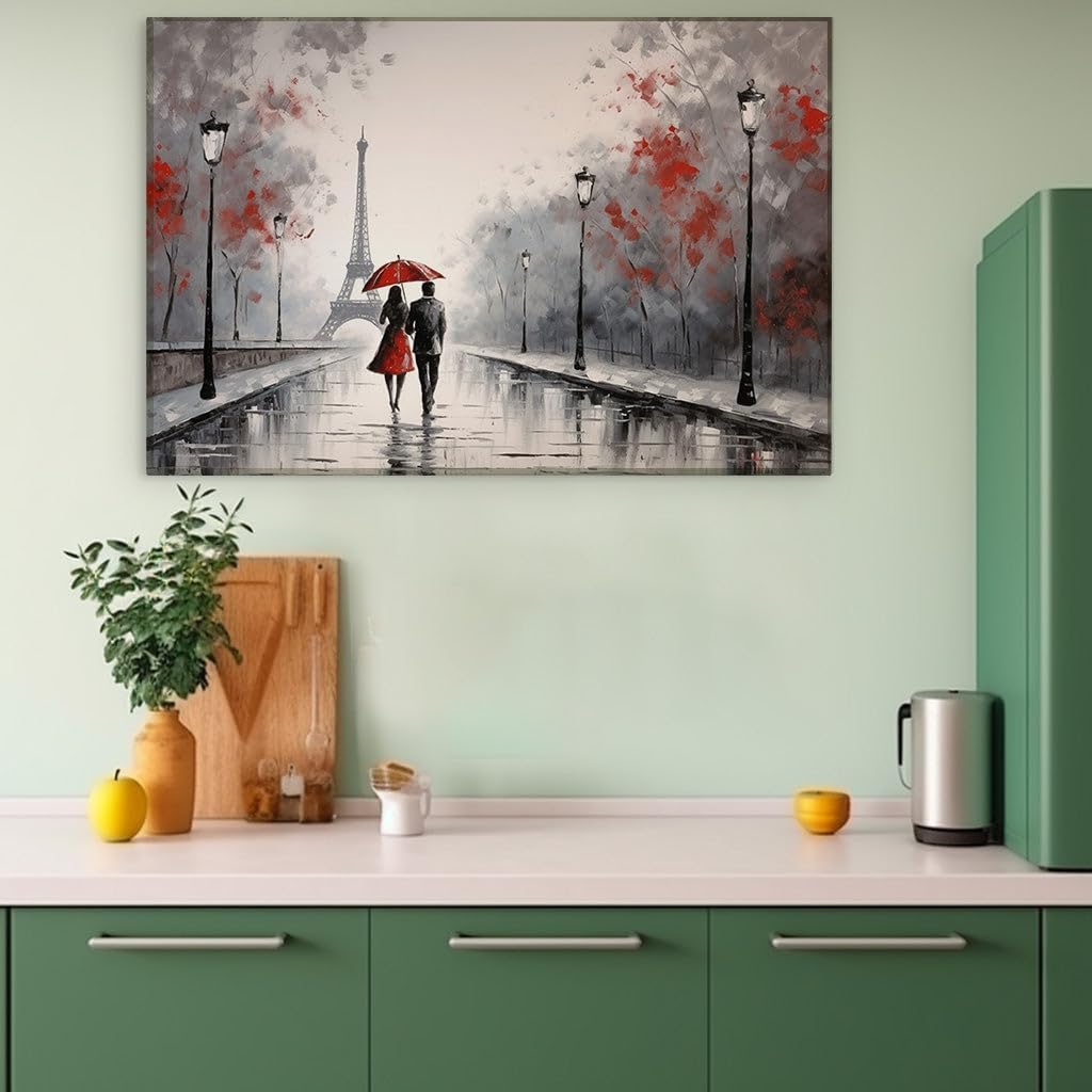 Canvas for Living room. Romance in the Rain Exploring Parisian Love Beneath a Crimson Canopy, 27 x 18 inch Canvas Wall Art - Ready to Hang - 69x46 cm (27x18 inch)