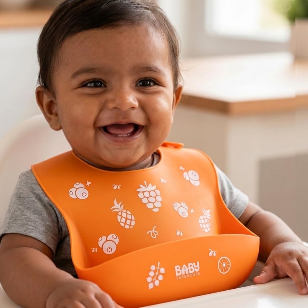 BabySafeHouse Waterproof Silicon Bib/Apron for Feeding & Weaning Infants and Toddlers, BPA Free, Reusable & Easily Washable with Adjustable Collar for 6 months to 4 year Olds (Orange)-image-20