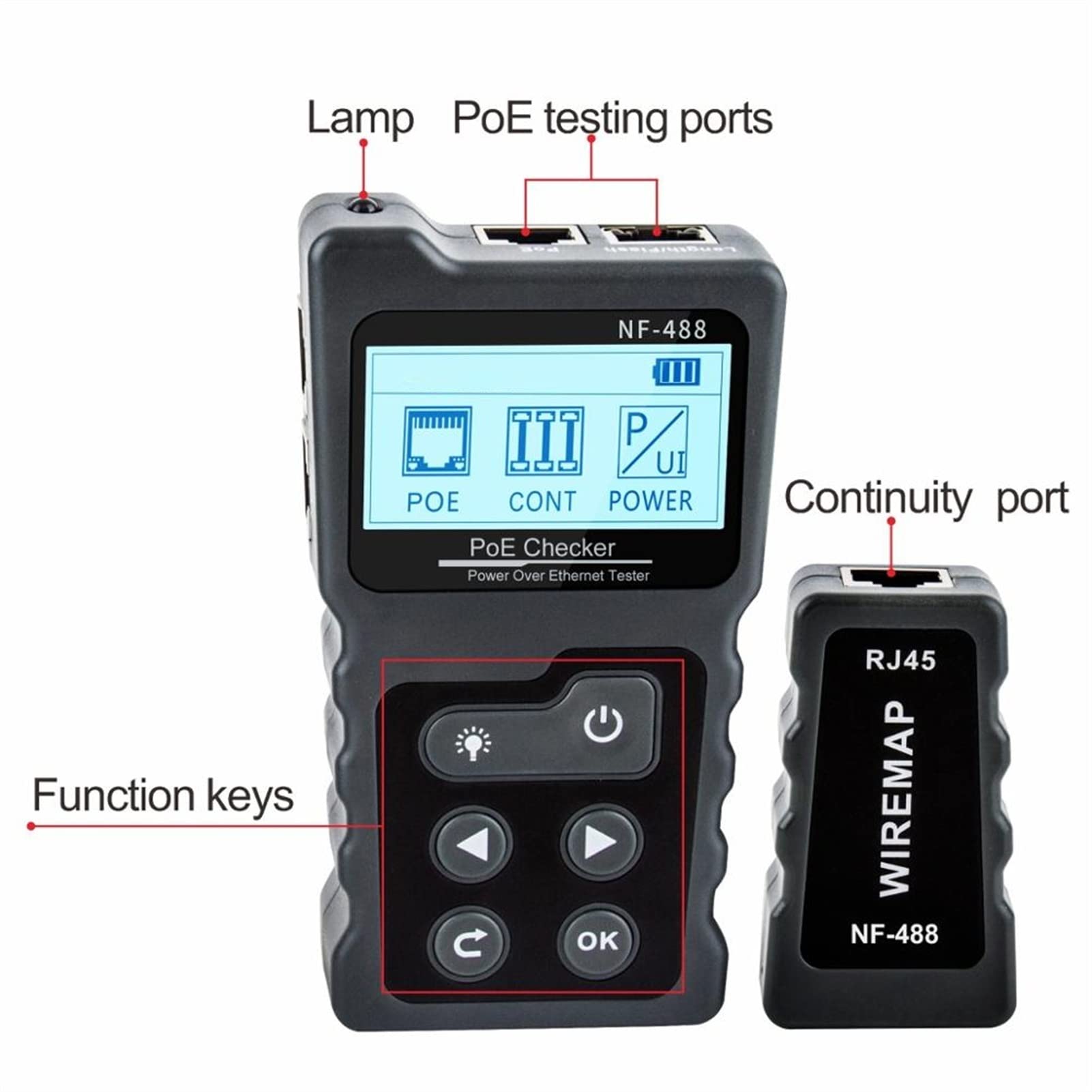 Detector de pared, LCD Testador de cables de red LAN Test Poe Checker NF-488 Probador de corriente de voltaje POE en línea con rastreador de cable el Ethernet