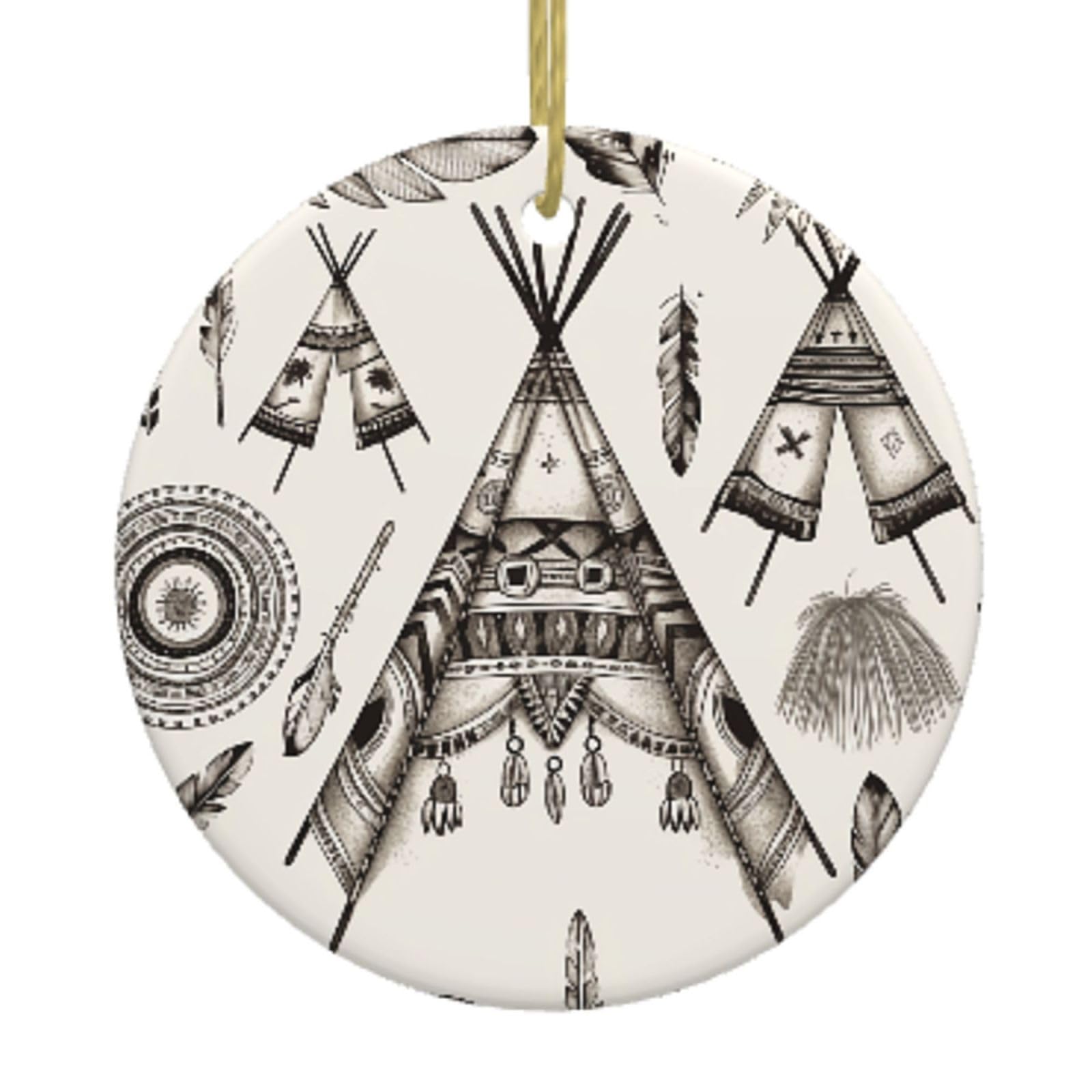 Ceramic Christmas Tree Hanging Ornaments with Gold Ropes Christmas Tree Decorations Round Ceramic Feather Head Band Teepee Tent Pendant Keepsake Decorations for Holiday Xmas Gift Ideas