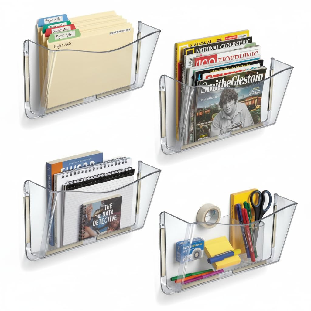 Azar Displays 250035 Clear Single Pocket Wall File with double-sided adhesive tape, 4 pack