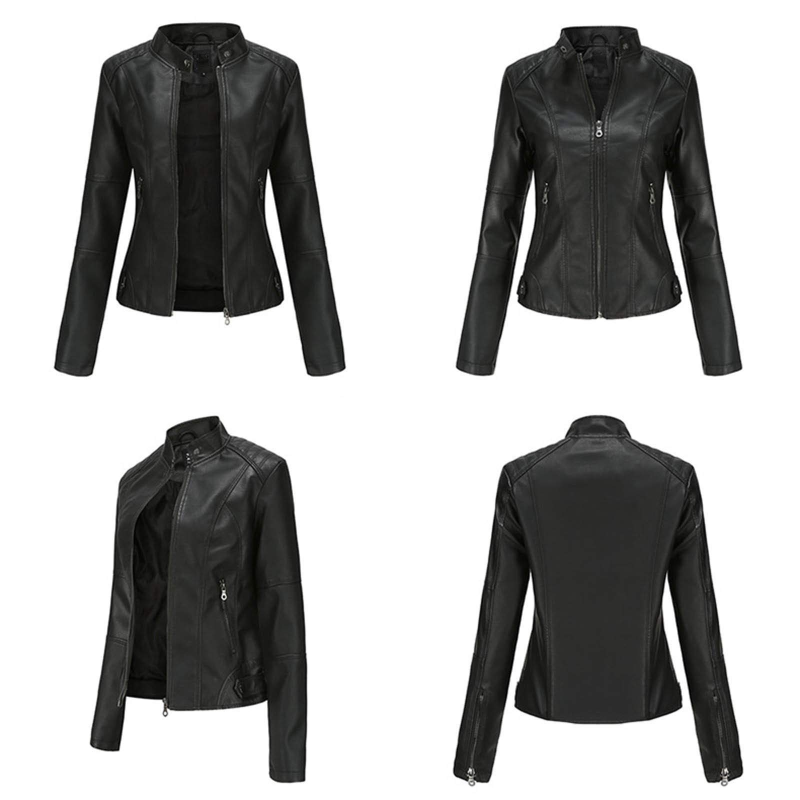 2024 Chaqueta Cuero Mujer,Chaqueta de Cuero Sintético de Estilo Motero Casual Chaqueta Moto Mujer con Bolsillos con Cremallera Slim Fit Versátil Abrigo Mujer Otoño e Invierno Cazadora Cuero Mujer