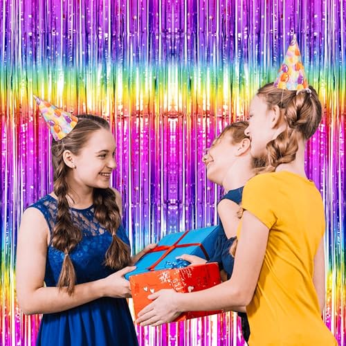 Image of Thicken Neon Rainbow Streamers 2 Pack 3.3 x 6.6 FT, Tinsel Backdrop Curtains for Birthday Decrorations, Foil Fringe Photo Backdrop for 80s 90s Disco Party Decorations