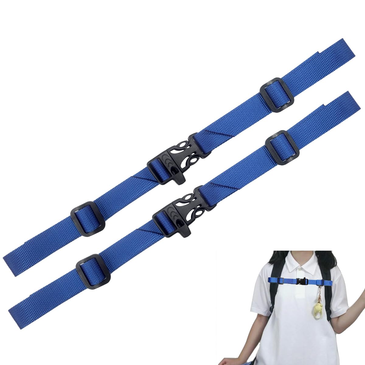 Lot 2 Sangles De Poitrine Réglables – Nylon, Clip Rapide, Sifflet Intégré – Pour Sac à Dos Enfant/adulte – Bleu Foncé