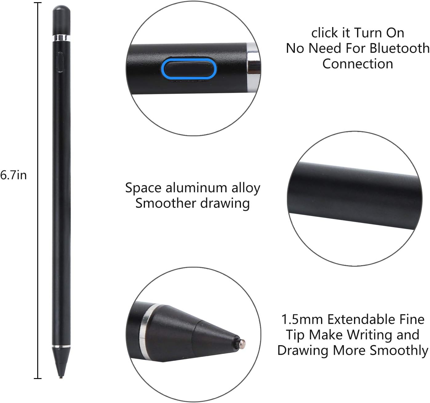 Stylus Pen for Touch Screens, Active Pen Digital Pencil Fine Point Compatible with iPhone iPad and Other Tablets (Black)