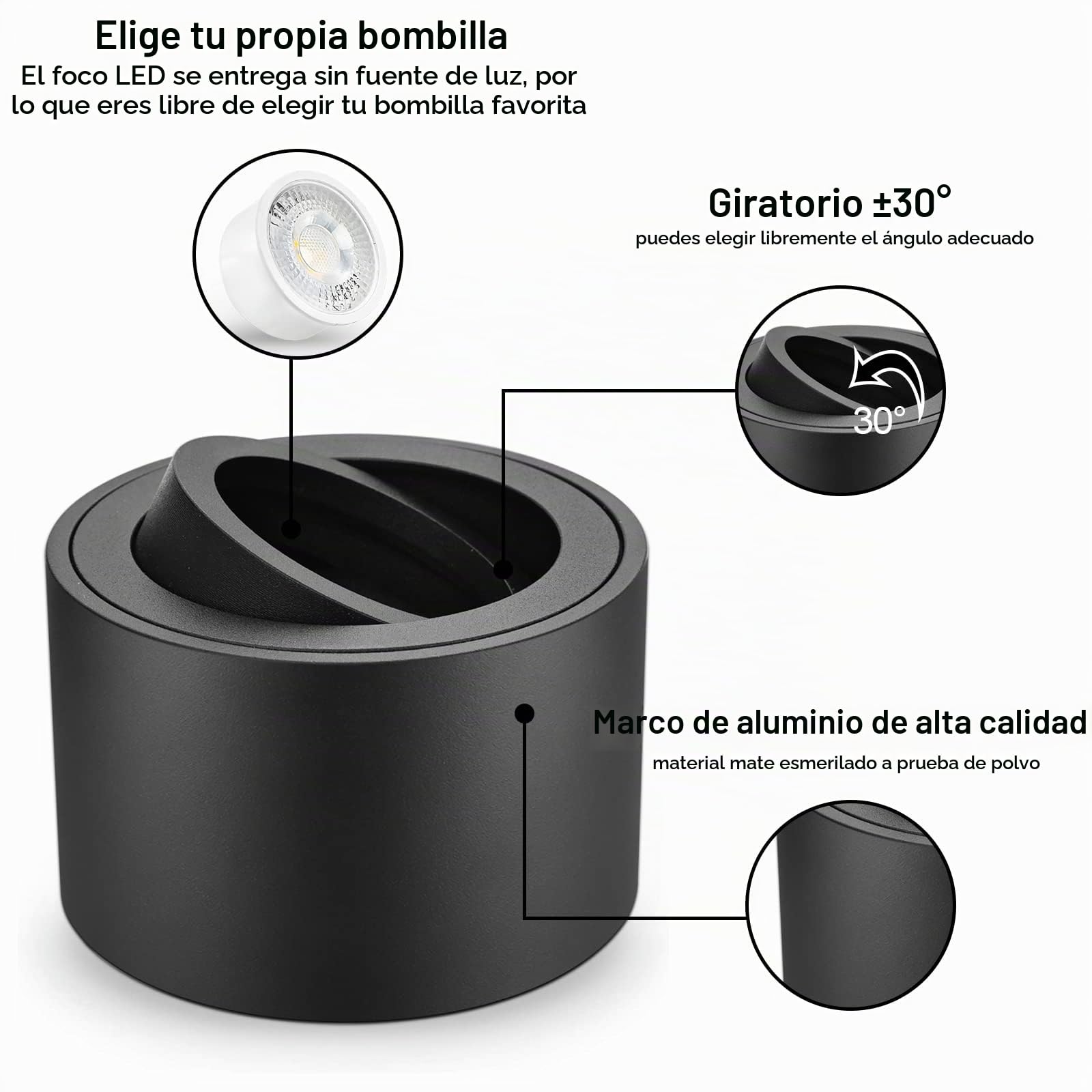 Focos LED Techo Superficie 4 Pack, Interior Negro Orientable Para Módulos, Lámpara de Techo Redondo Ø80x50mm, Plafón Salón Dormitorio, Bombilla No Incluida
