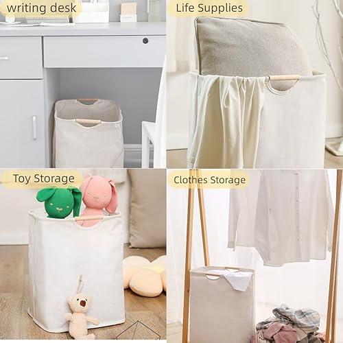 Miniatura 6 de Cesta de lavandería impermeable de 100 L, cesta de lavandería extragrande con mango de madera, cesta de almacenamiento de ropa plegable para