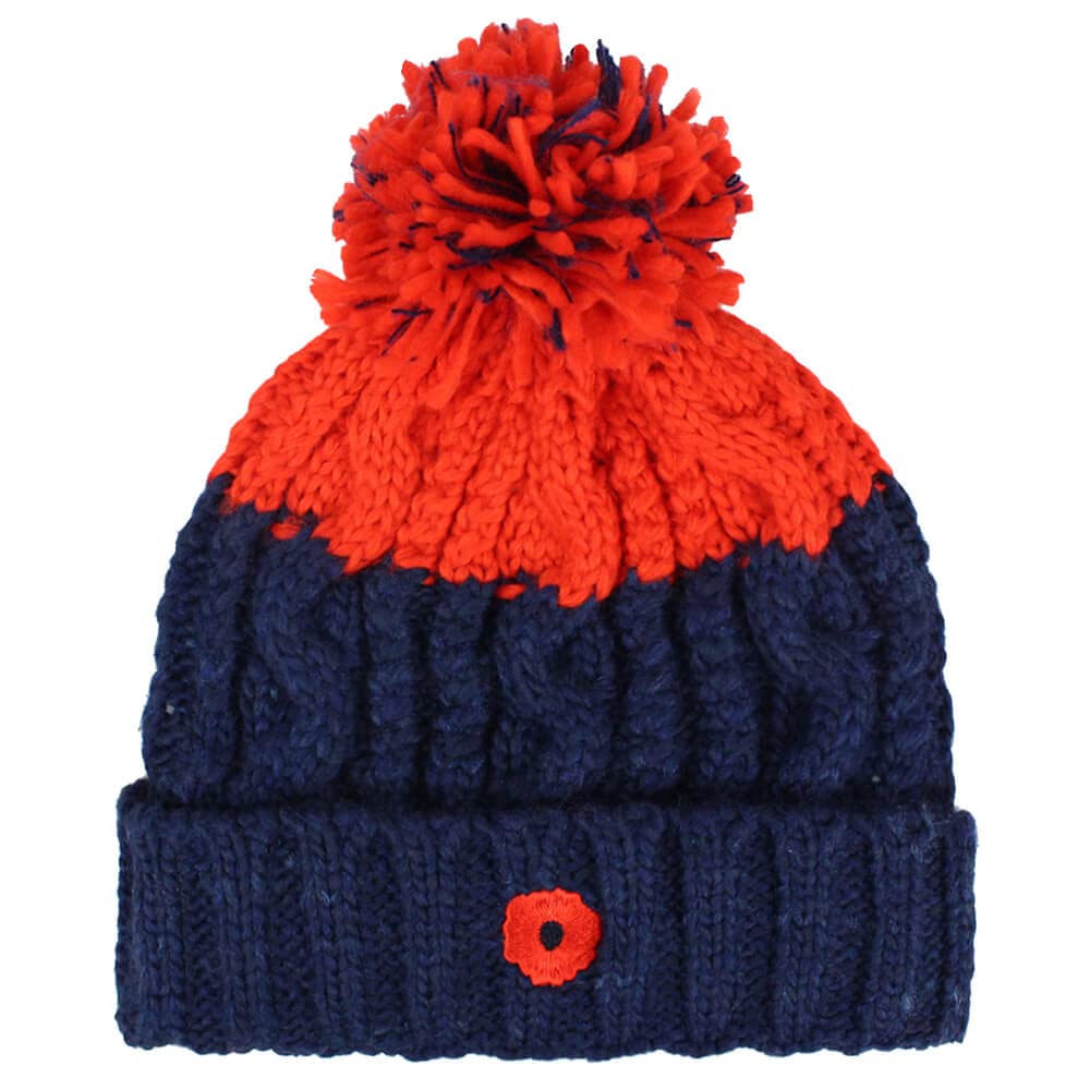 TeddyT's Men's Poppy Fleece Lined Navy and Red Cable Chunky Knit Bobble Hat, M-L
