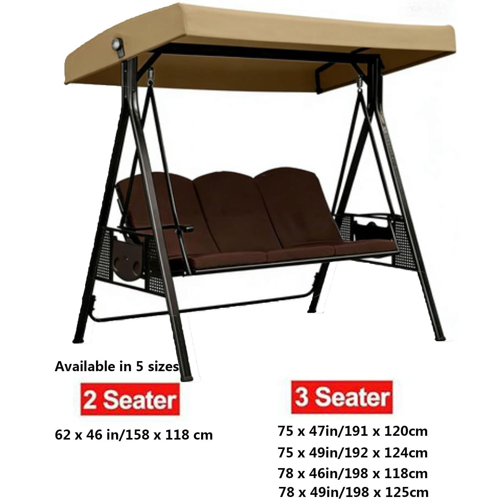 Ersatzdach für Hollywoodschaukel 2/3 Sitzer, Ersatzbezug für Terrassenschaukelkissen, Wasserdicht und UV-beständig, für Gartenschaukel, Hof, Balkon(Dark Khaki,78 x 46in/198 x118cm)