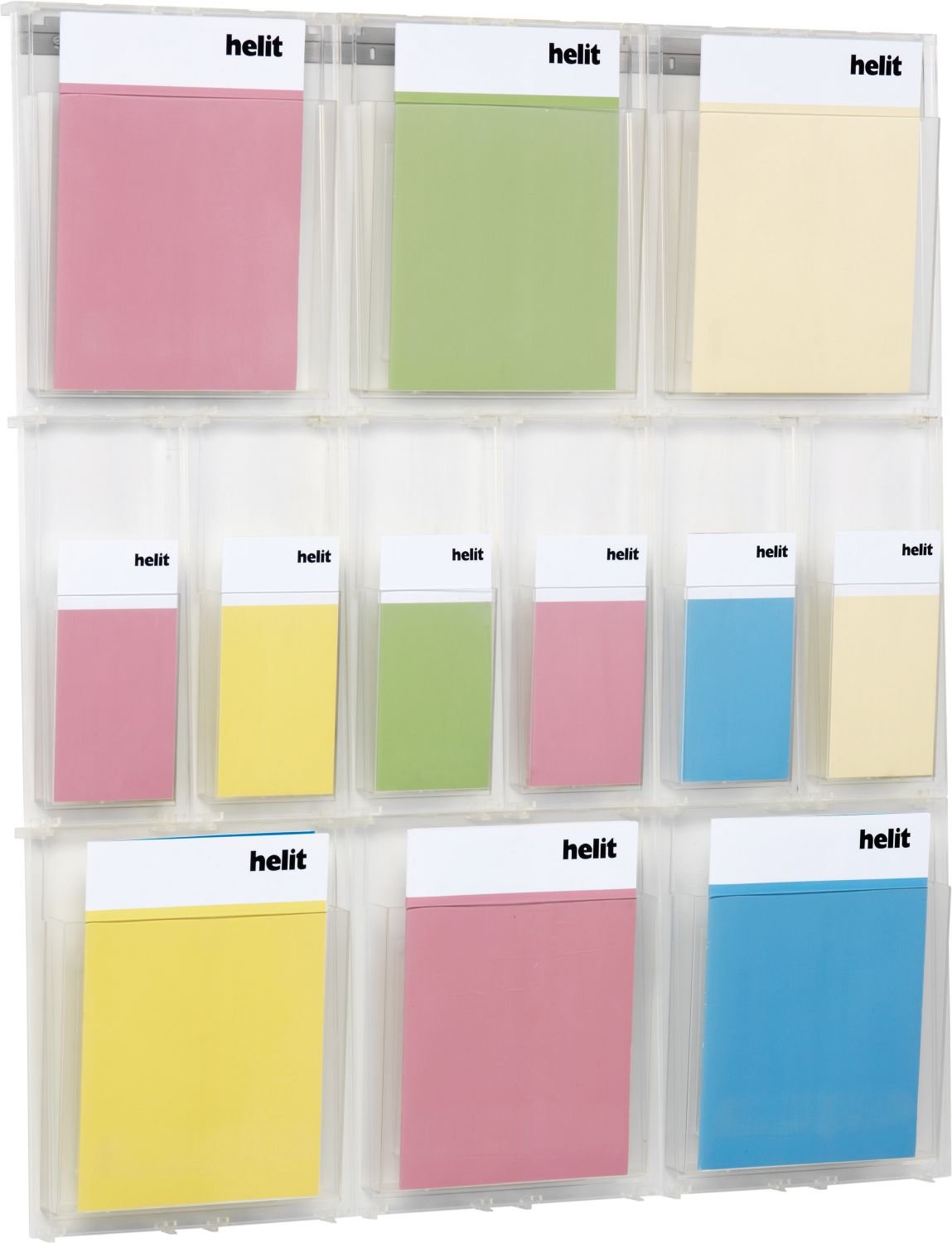 helit helit Wanddisplay PLACATIV, 6 Fächer DIN A4 hoch und | 6 bolsillos DIN A4 y 6 bolsillos DIN A4 tercio, transparentes