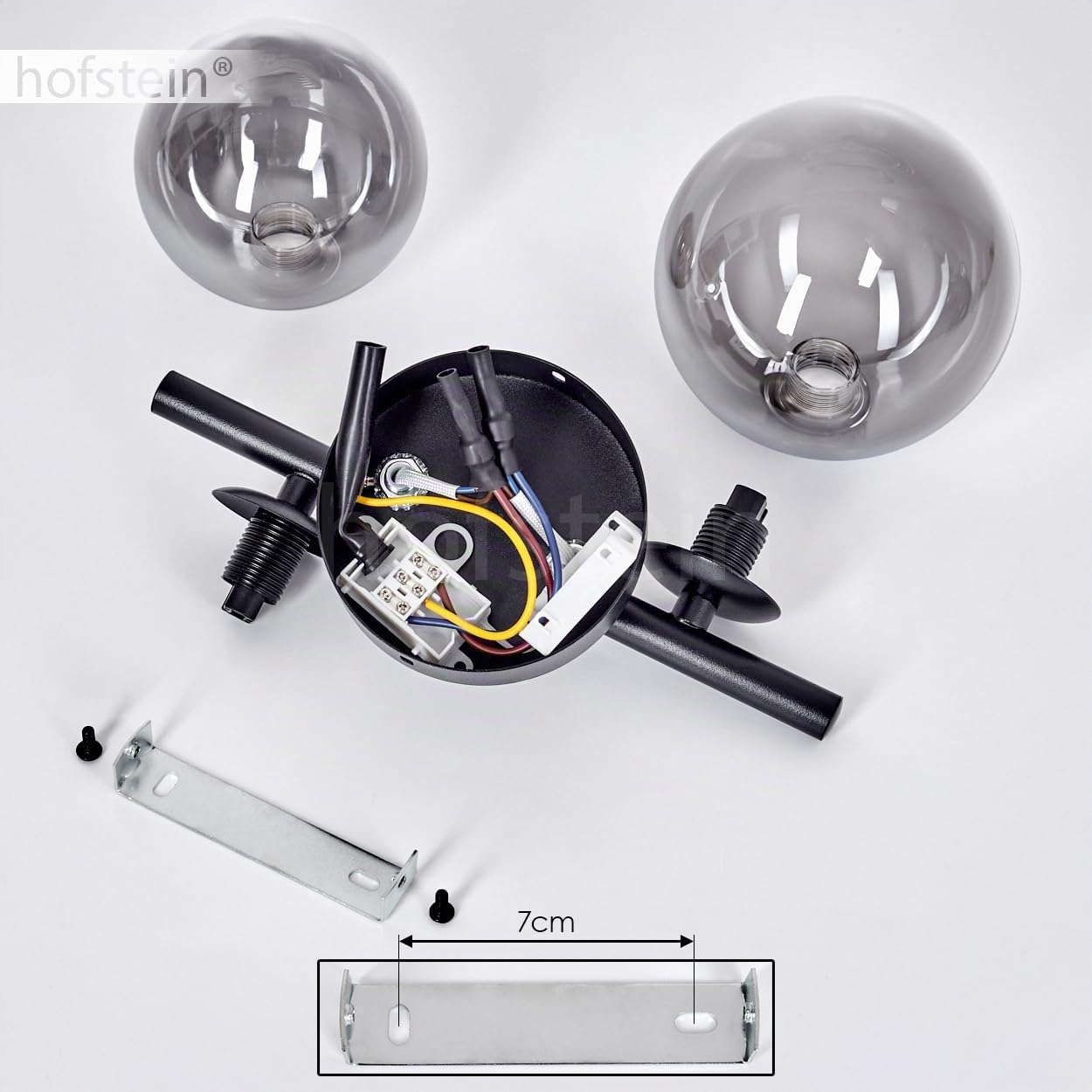 Wandleuchte Chehalis, moderne Wandlampe aus Metall/Glas in Schwarz/Rauchfarben/Klar, Leuchte im Retro/Vintage-Design mit Schirmen aus Glas (Ø 10 cm, 12cm), 2 x G9, ohne Leuchtmittel