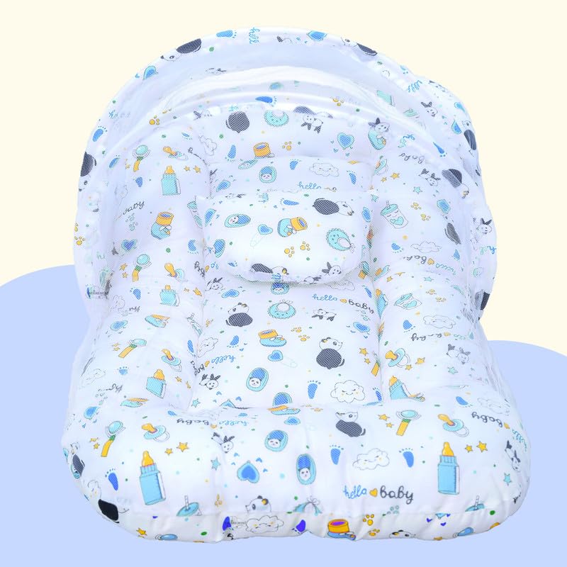 Image of Baby Bed with Mosquito and Insect Protection Net, Portable Mattress with Zip Closure & Pillow Ideal for Babies from 0-6 Months-Unisex (Panda Blue)