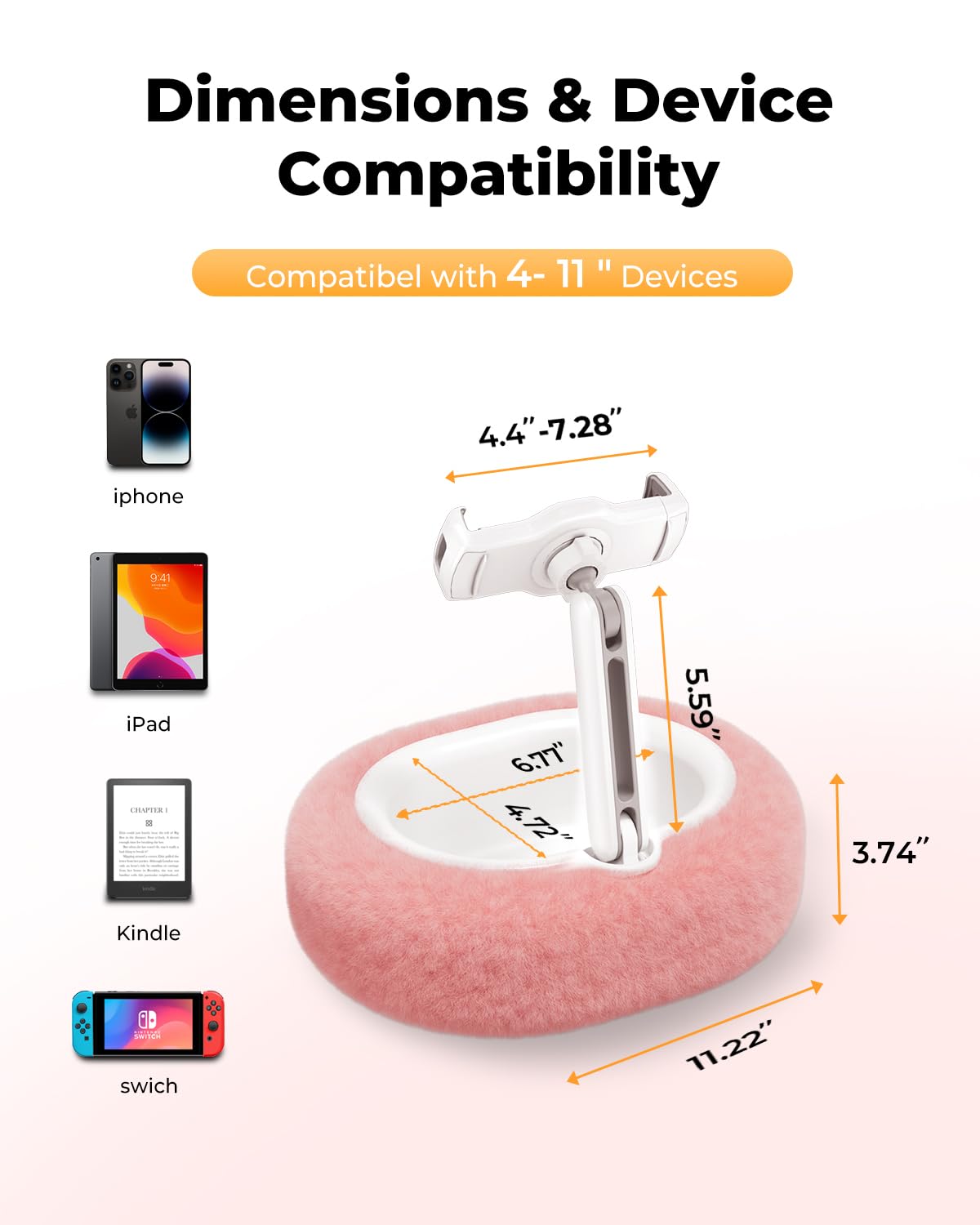 SupeDesk Soporte para tablet cama, cojín para Kindle, soporte para iPad, compatible con dispositivos de 4 a 11 pulgadas, soporte para teléfono móvil, soporte para Kindle, para sofá, regazo, cama, para