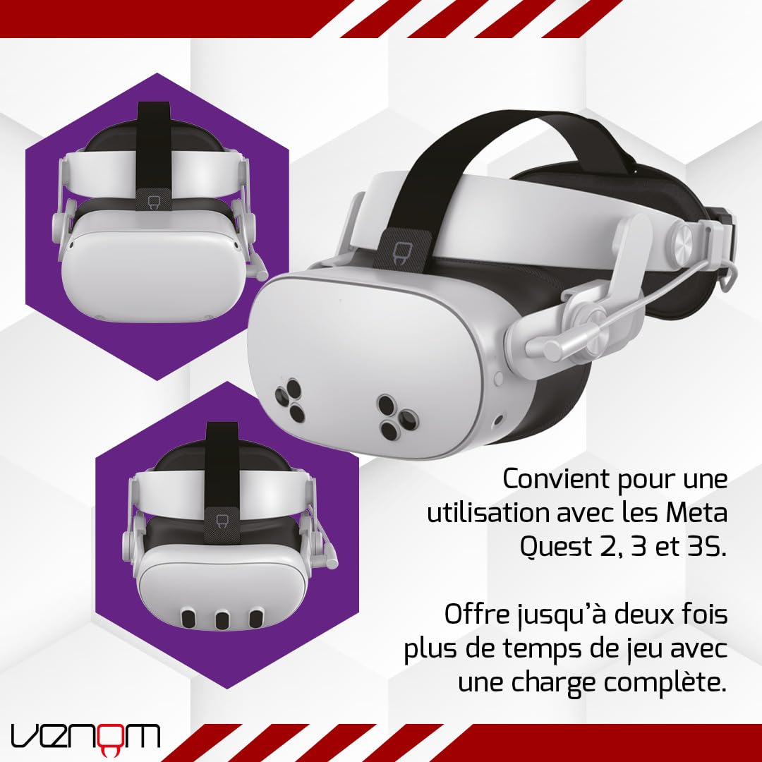 Venom Sangle d'alimentation pour Meta Quest - Bandeau rembourré avec batterie externe intégrée - Compatible avec Quest 2, Quest 3 et Quest 3S