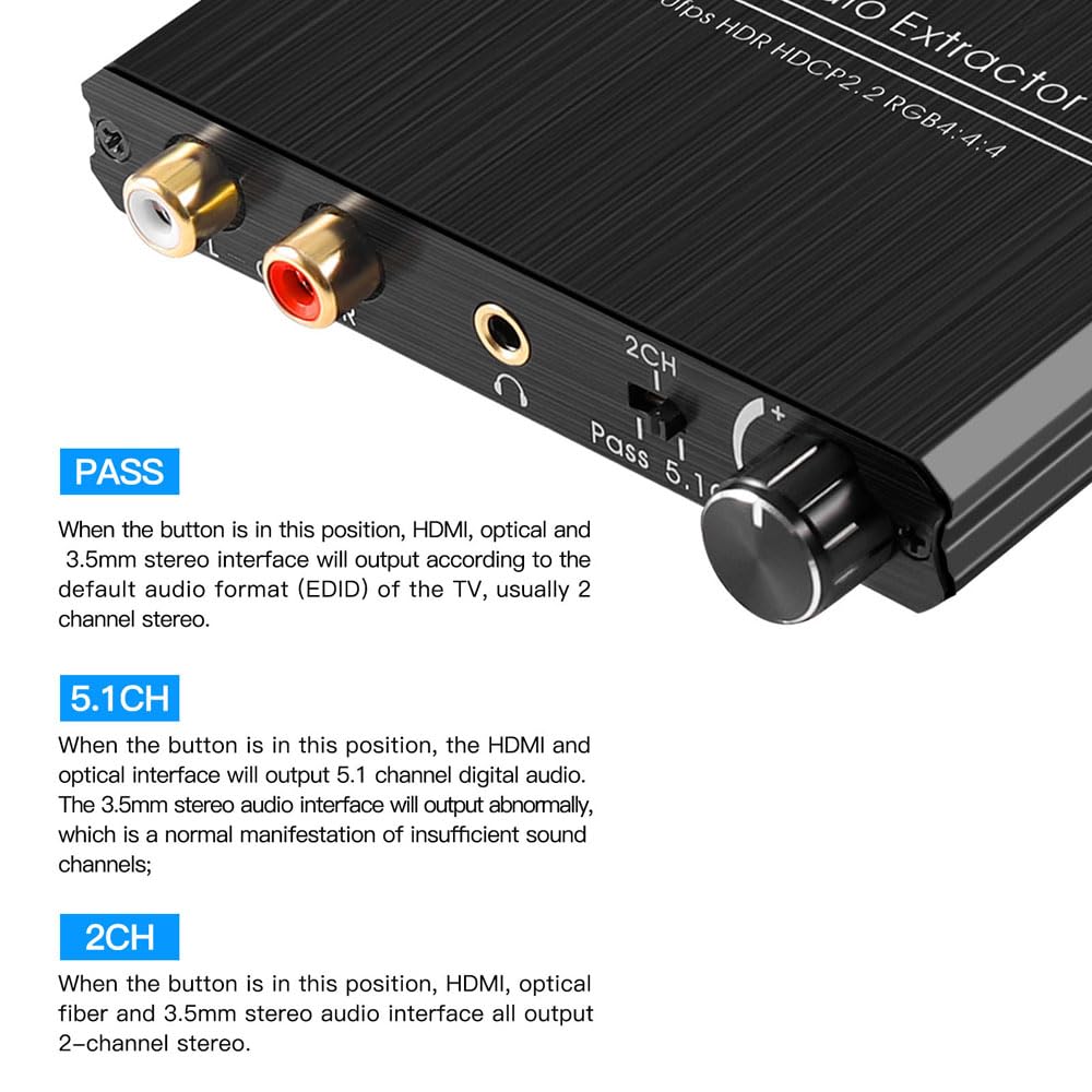 4K 60Hz HDMI 2.0 Audio Extractor óptico Toslink SPDIF 5.1CH R/L 4K HDMI A SPDIF R/L 3.5 mm 18GPBS HDCP 2.2 Con control de volumen