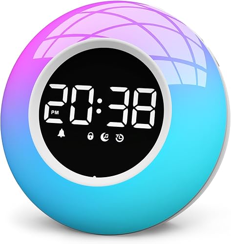 Máquina de sonido de ruido blanco con 30 sonidos relajantes y 12 colores de luz, reloj despertador amanecer, luz de despertador, volumen ajustable y