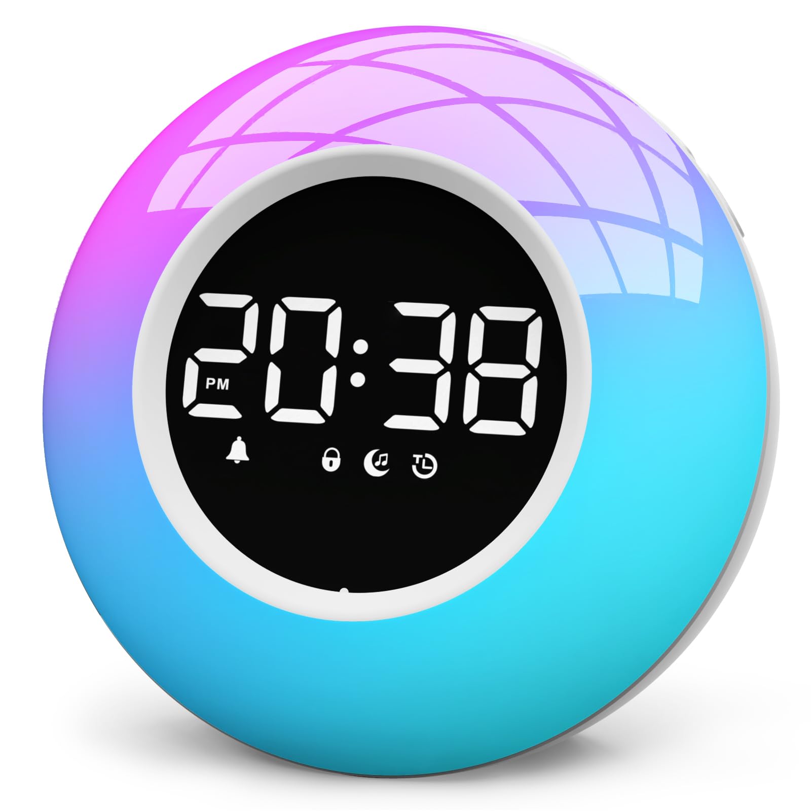 Máquina de sonido de ruido blanco con 30 sonidos relajantes y luz de 12 colores, reloj despertador de amanecer, luz de despertador, volumen ajustable y luz nocturna, temporizador, ideal para adultos