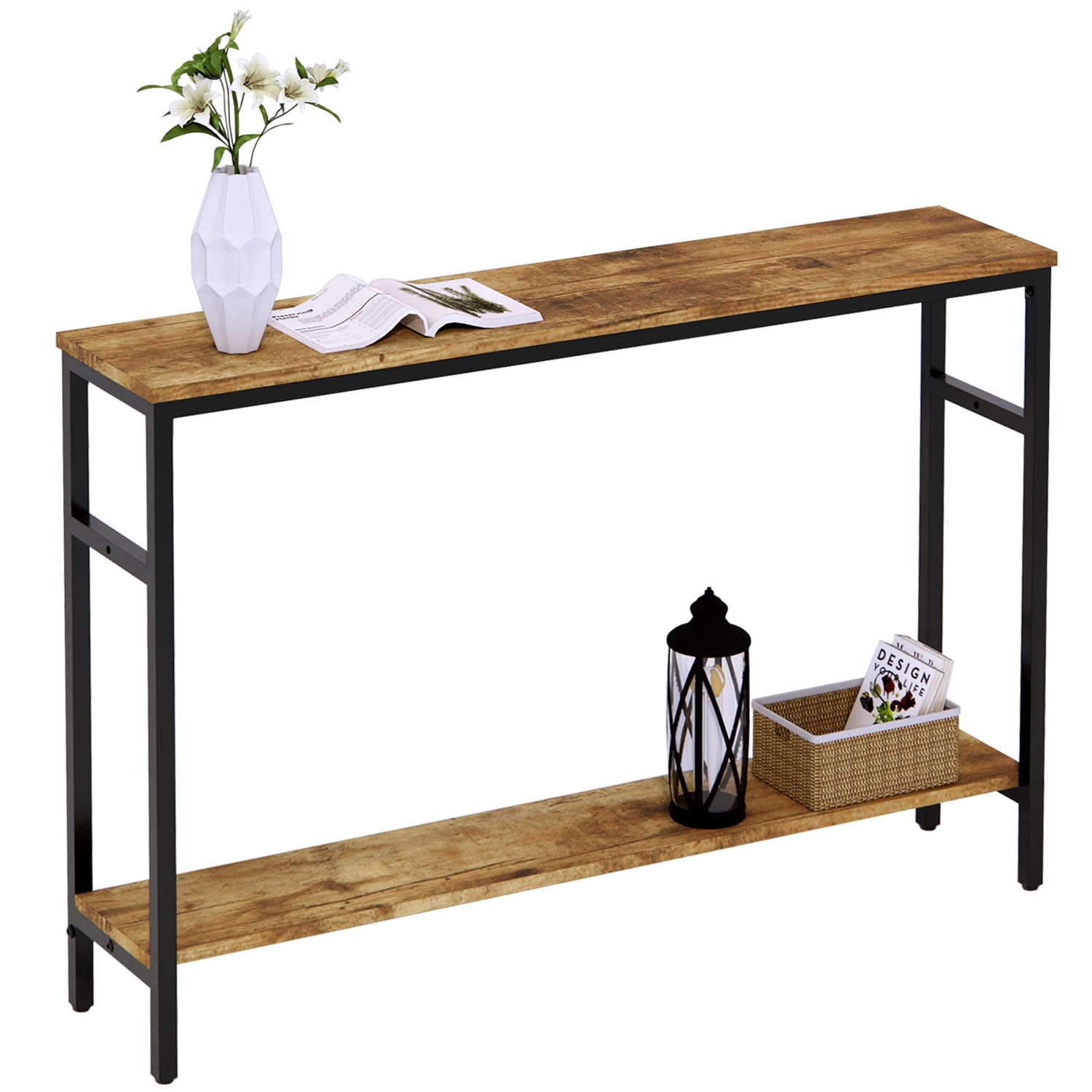 Narrow Console Table, Timberer 47 Inch Sofa Table with Adjustable Shelf, 2-Tier Long Thin Table for Hallway, Entrance, Living Room, Foyer, Rustic Brown