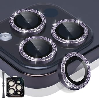Camera Lens Protector for iPhone 14 Pro/Max, Tempered Glass, Aluminum Alloy Ring, Glitter Deep Purple