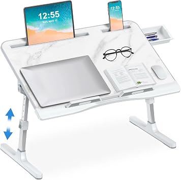 Bed Desk for Laptop - Adjustable X-Large Foldable Bed Table, Laptop Lap Desk with 2 Movable Stoppers and Drawer for Bed Couch Floor Writing Eating Working Marble, 23.6 inch