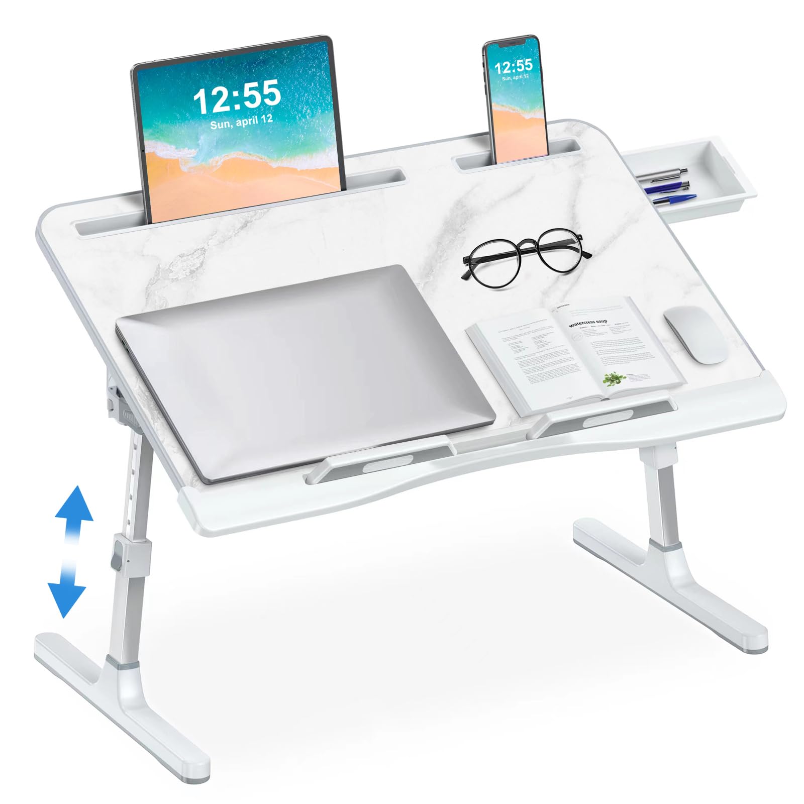 EVETTO Bed Desk for Laptop - Marble Pattern, Adjustable X-Large Foldable Lap Desk, Laptop Lap Desk with 2 Movable Stoppers and Drawer for Bed Couch Floor Writing Eating Working (23.6 inch)