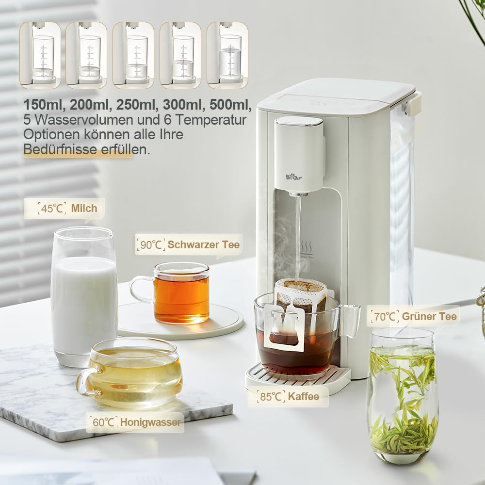 Bear 3-Liter-Heißwasserspender, 6 Temperaturvorwahlen, 2050 Watt Schnellkochfunktion, 5 Wassermengenoptionen, Mit Led-Nachtlicht Und Reinigungsprogramm, Energieeffizient, Digitaler Touchscreen