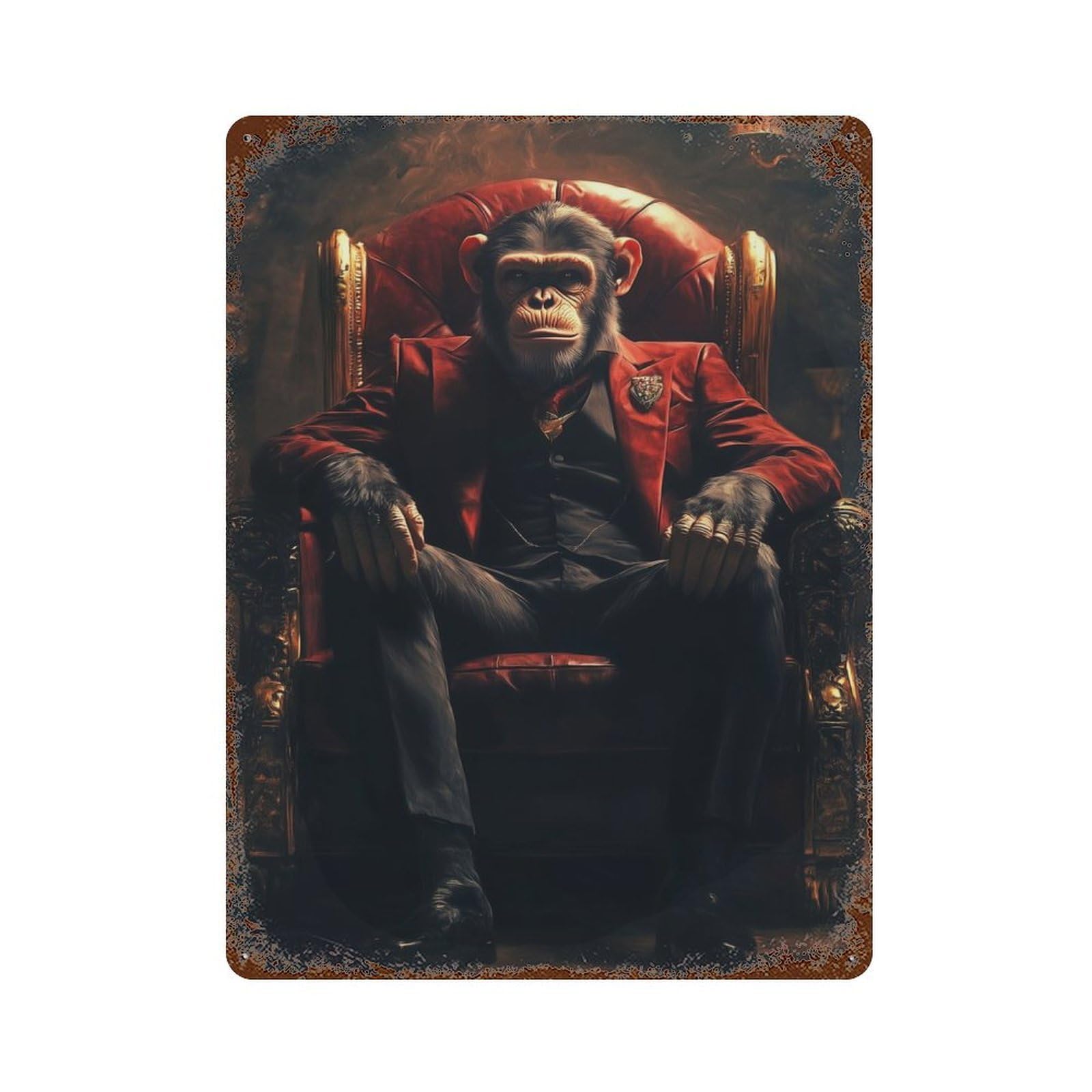 Distressed Metal Wall Sign with Chimpanzee Boss in Suit Design 15.7"x11.8", for Shed, Workshop And Garage Wall Decor, Decorative Metal Wall Art