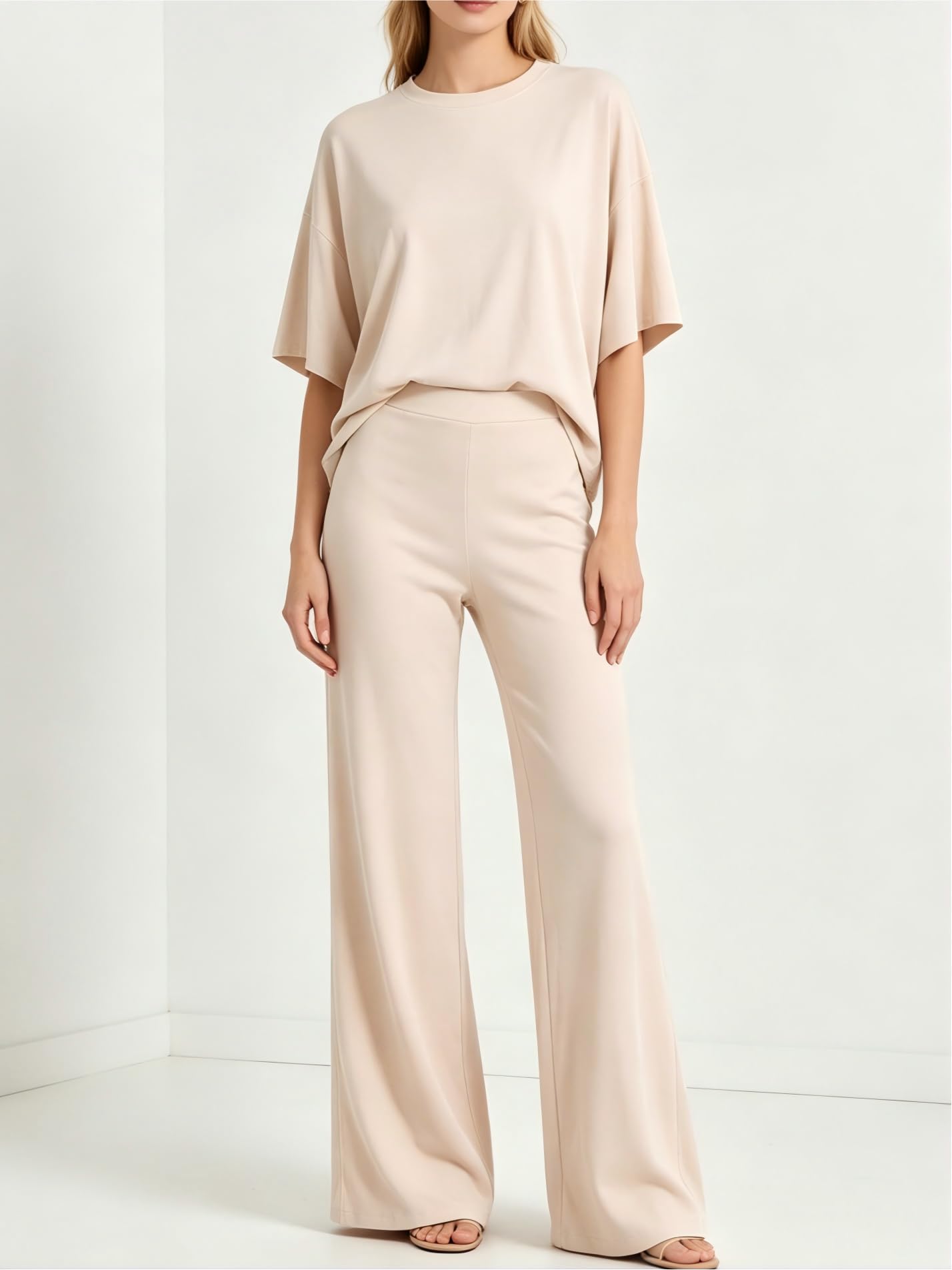 Conjunto de 2 piezas de camiseta casual de manga corta y pantalones de pierna ancha para mujer, cómodo atuendo diario — view 4