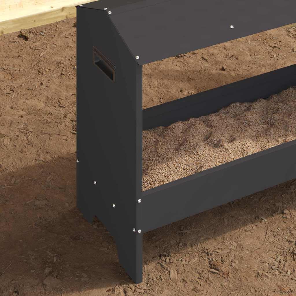 Comedero gallinero Gran capacidad 15 kg, bandeja de alimentación gallinas acero negro 81 x 32 x 53,5 cm, diseño moderno resistente a la intemperie para jardín o terraza, fácil de limpiar.