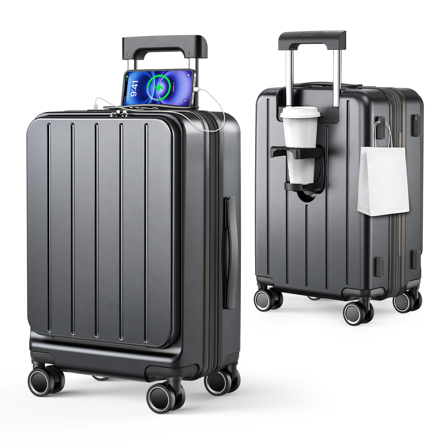[BARGOHOY] スーツケース フロントオープン キャリーケース 拡張機能付き 超軽量 USBポート TSAロック 静音ダブルキャスター (ブラック（鉄灰色）, Lサイズ/95L(7泊～長期旅行))