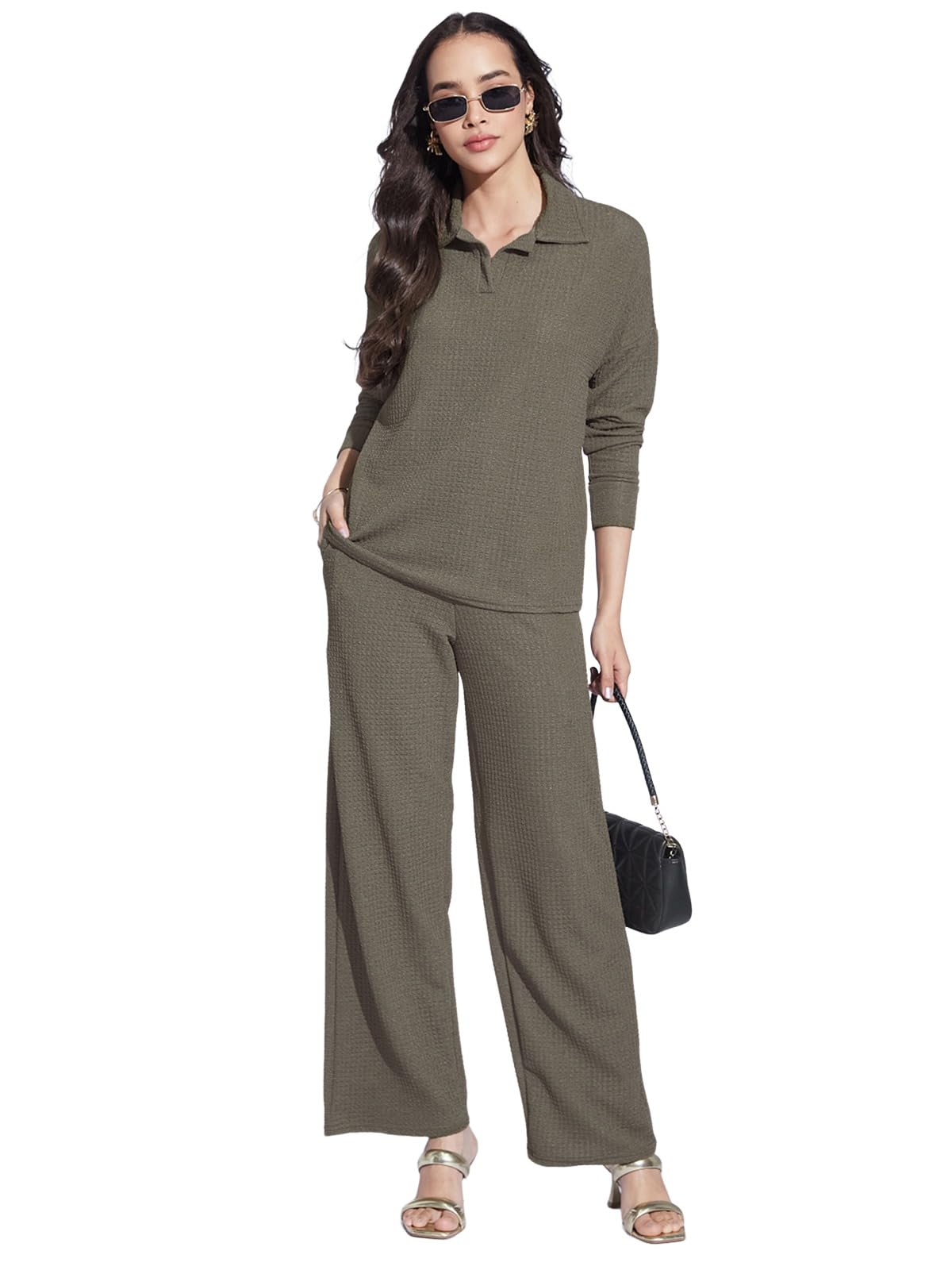 Selvia Women Lycra Solid Co-Ord Set Ankle Length Dress (758Ctk11872N-M_Army Brown