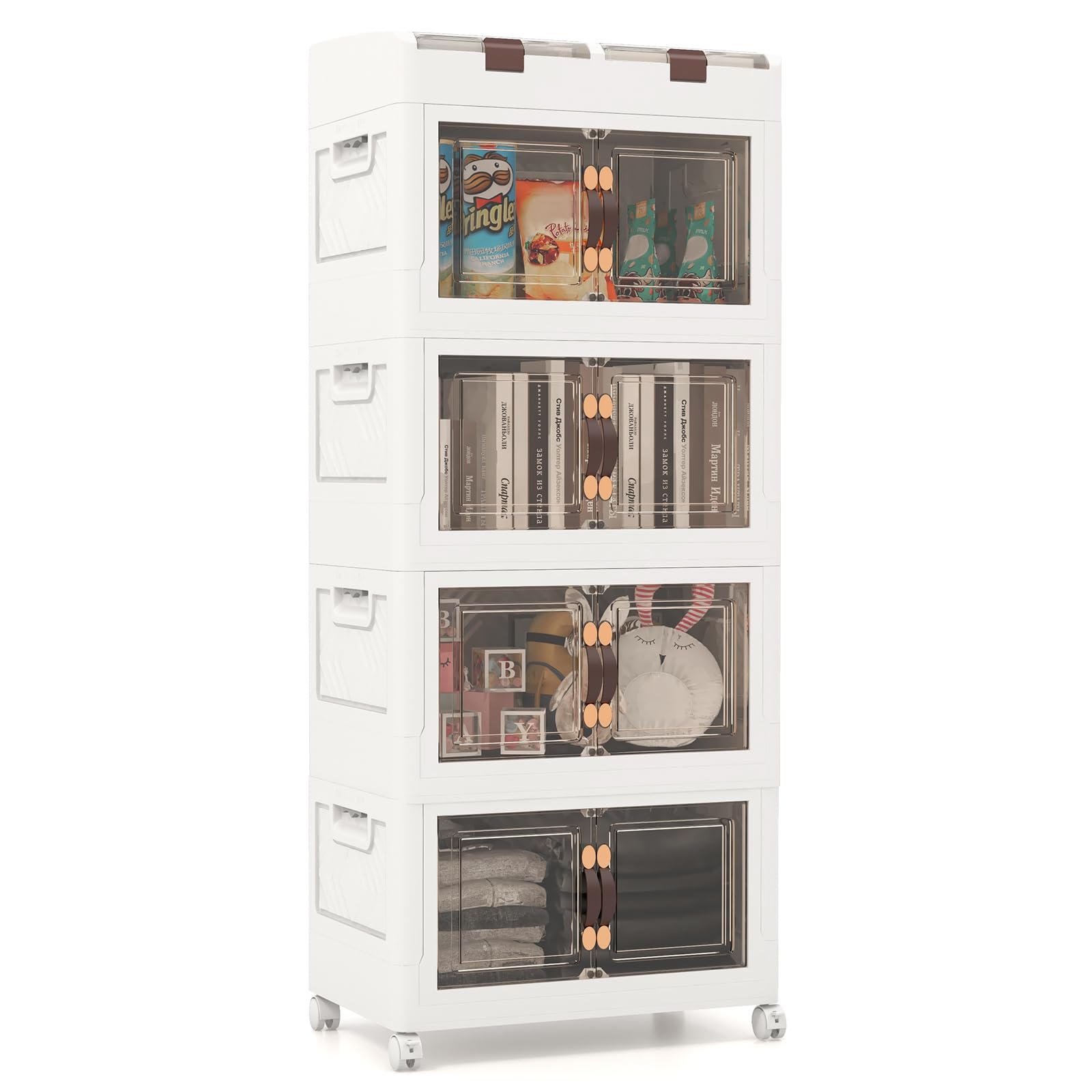 COSTWAY Boîte Rangement Plastique 210L, 4 Caisses de Rangement avec 2 Boîte à Couvercles, Boîte de Rangement Empilable à Roulettes pour Vêtement, Livres, Jouets(210L)