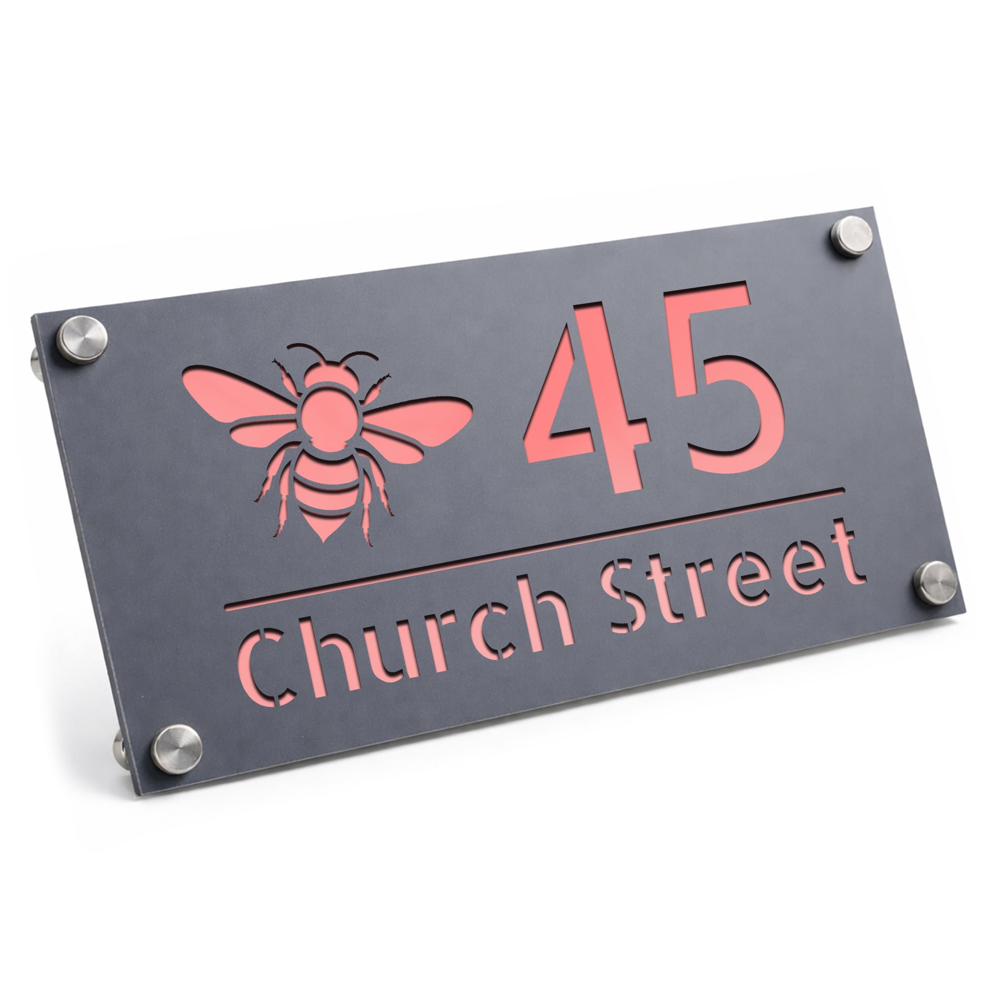 Red Ocean Personalised House Number Sign Bee Design Grey With Silver Street Address Plaque Address Sign For Outside Wall Sign For Home (Grey With Rose Gold Back)