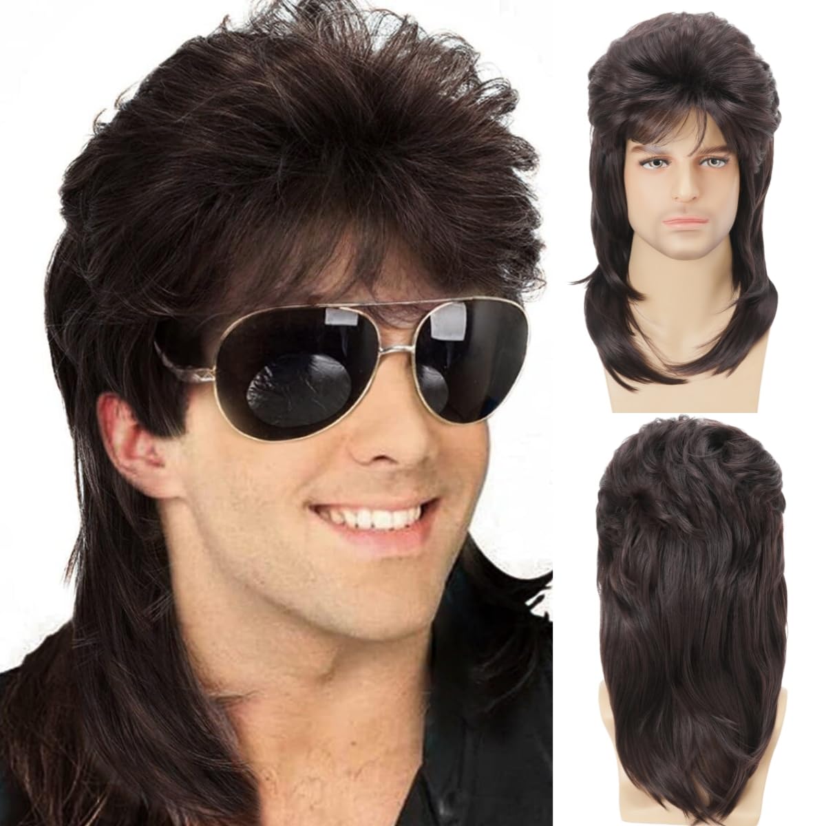 Daiaces Brown Mullet Wigs for Men 80s Rocker Wig Costumes Fancy Party Cosplay Halloween Wig