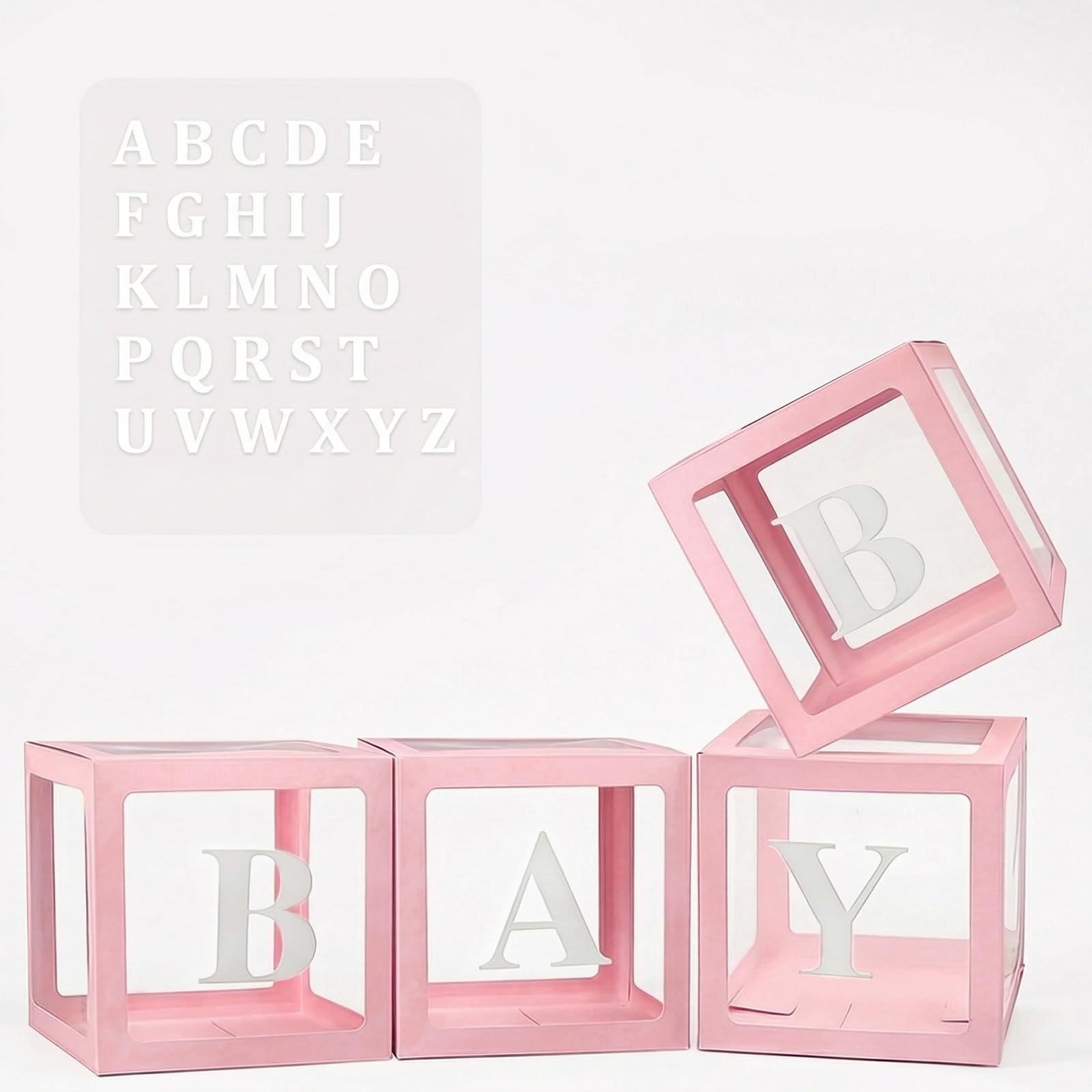 4PCS Baby Shower Decoration Balloon Boxes, Balloon Box with 30 Letters (BABY+A-Z) DIY Pink Transparent Boxes for Boy Girl Baby Shower Birthday Party Gender Reveal Prom Christening (Pink)