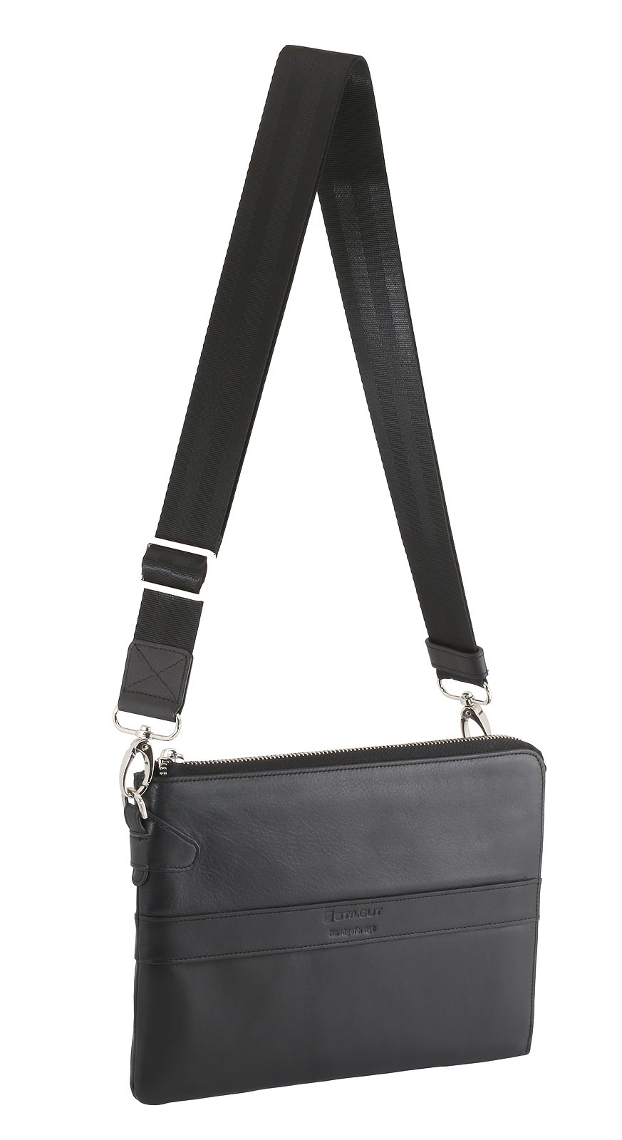 STILGUT Business Mappe, Schultertasche und Organizer aus echtem Leder für Tablets (8.0"), Schwarz Nappa
