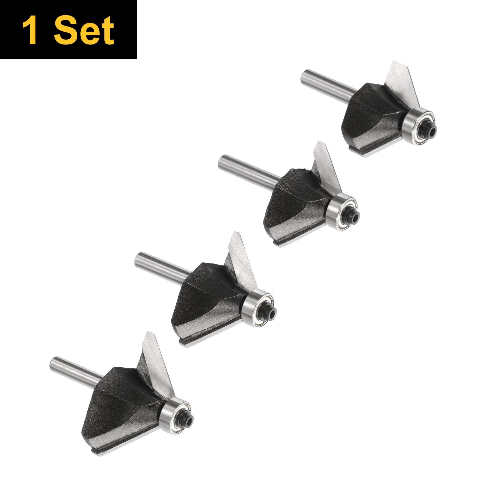 sourcing map Set di 4 punte per fresa per smusso a 45 gradi, codolo da 1/4", 5/8", 3/4", 7/8", 2,5 cm, punta in carburo con cuscinetto, per la lavorazione del legno, colore grigio