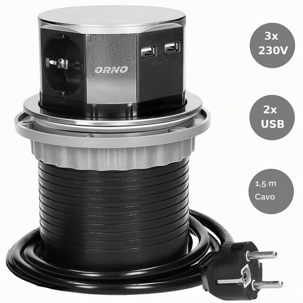 Orno AE-1381(GS) Presa Multipla a Scomparsa a 3 Ingressi 3650W max Ø 10 cm con Cavo Schuko da 1,5 m