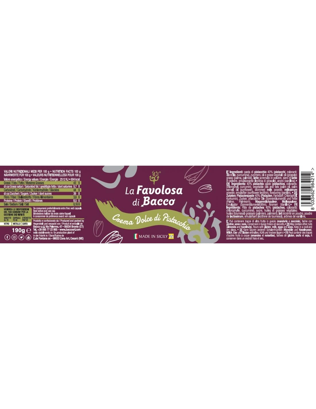 Bacco Crema Spalmabile Al Pistacchio Favolosa Crème à tartiner à la pistache Elite avec 40% de pistaches 12 x 190 g de crème à tartiner à la pistache + Italian Gourmet Polpa 400 g